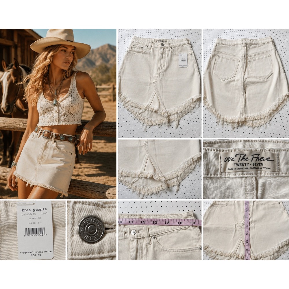 Free People We The Free Skirt 27 Cream Denim Raw Fringe Western Cowgirl Boho